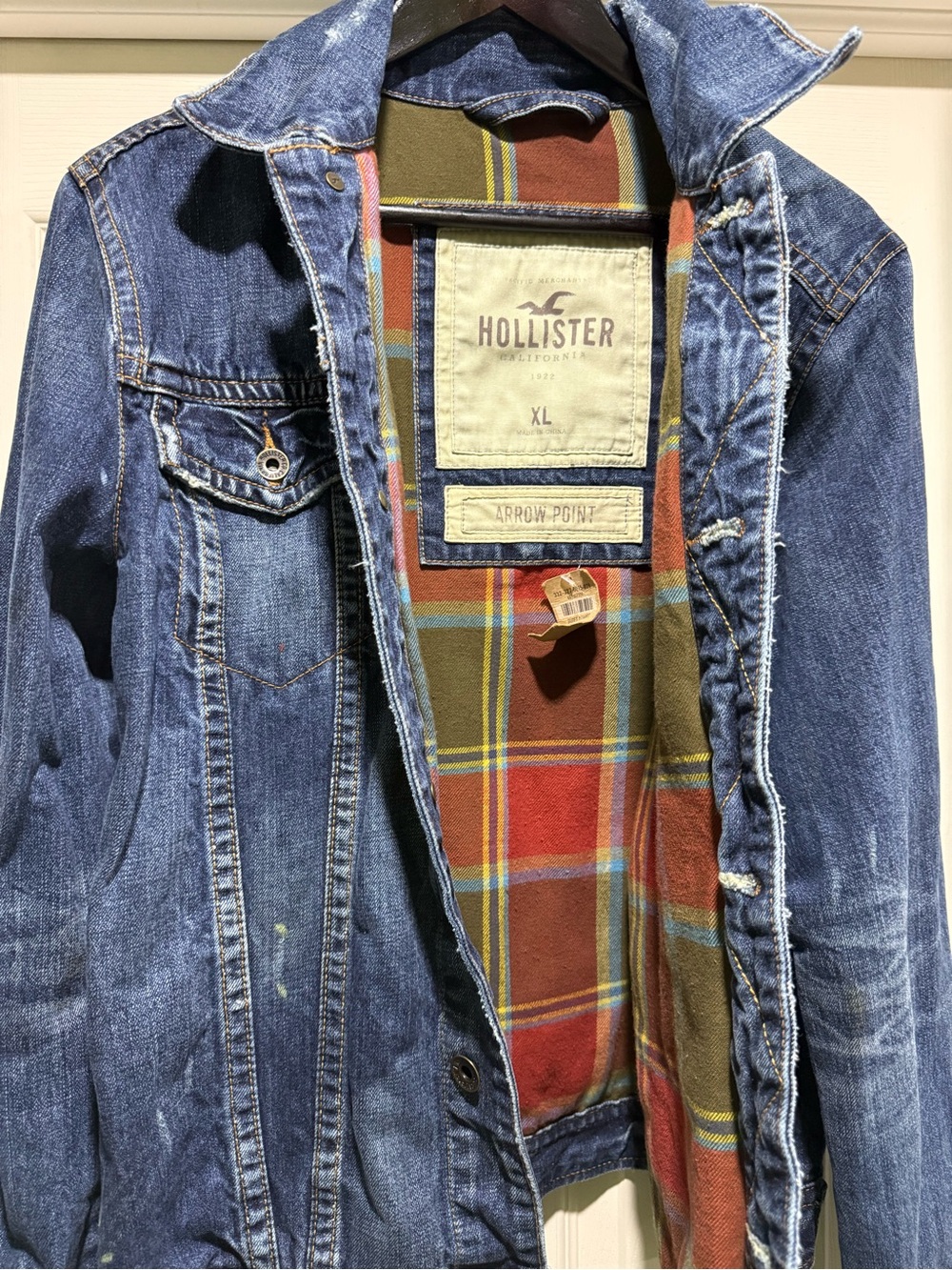 Hollister Blue Denim Jacket with Red & Olive Plaid Lining
